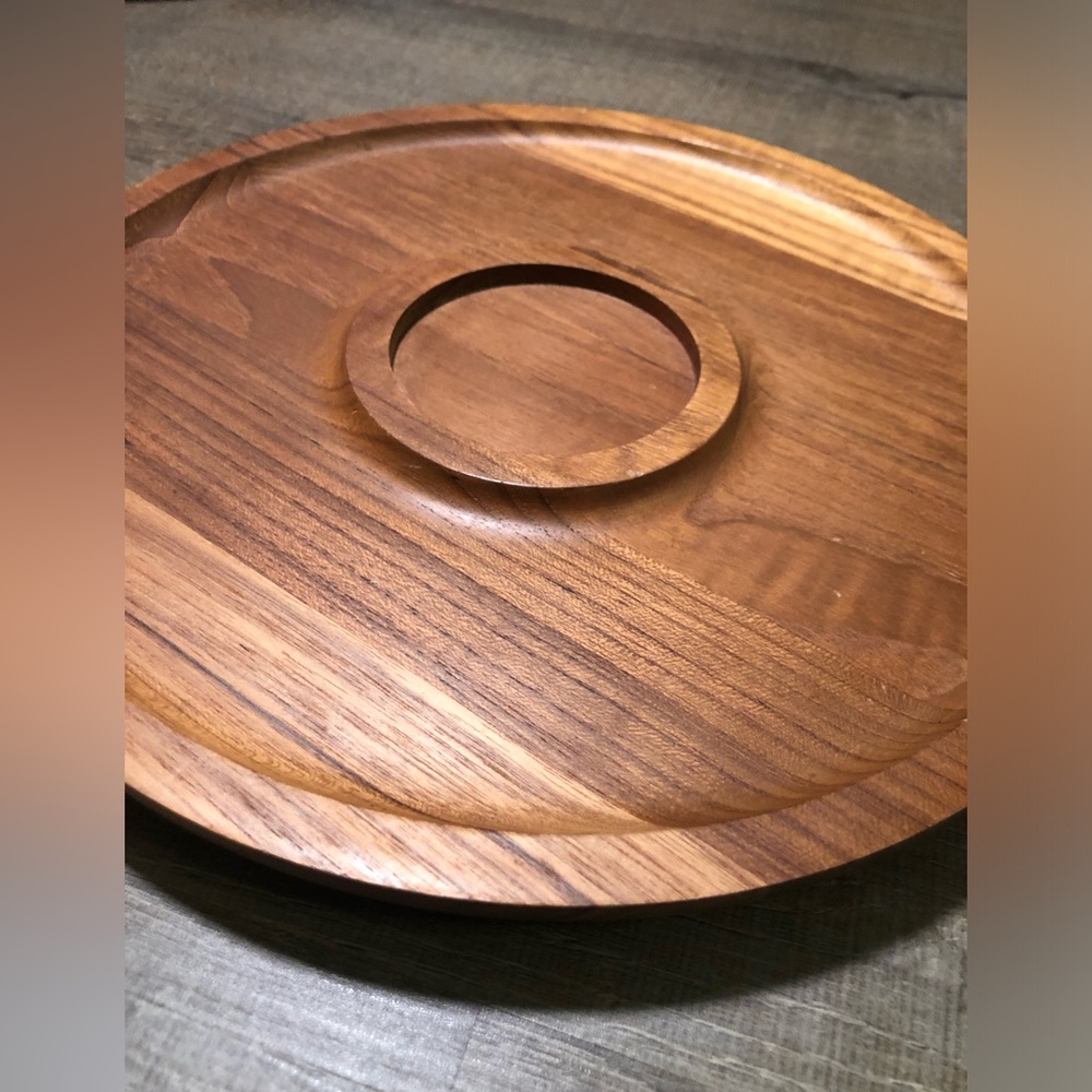 Teakwood serving tray vintage MCM round footed 11.5” Teak wood